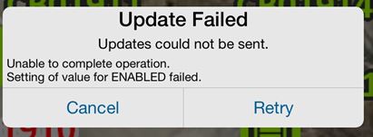 Error message from Collector Classic that says "Update Failed - Updates could not be sent. Unable to complete operation. Setting of value for ENABLED failed."
